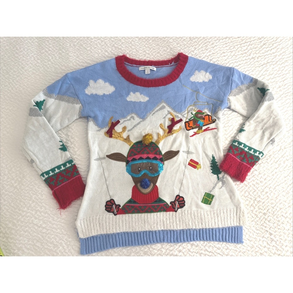Women's Small Skiing Reindeer Ugly Christmas Sweater Holiday Pullover